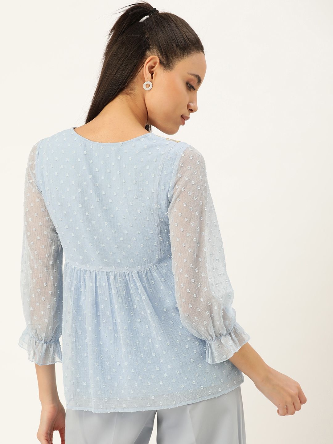 Antheaa Blue Yoke Embroidered Dobby Weave A-Line Top