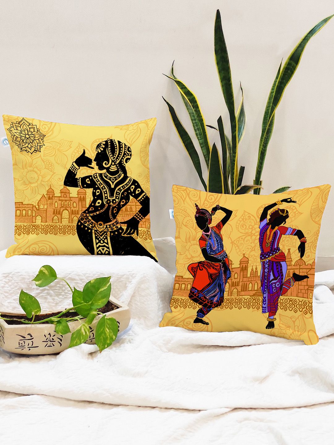 STITCHNEST Set of 2 Yellow & Black Set of 2 Ethnic Motifs Square Cushion Covers