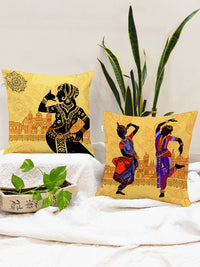 STITCHNEST Set of 2 Yellow & Black Set of 2 Ethnic Motifs Square Cushion Covers