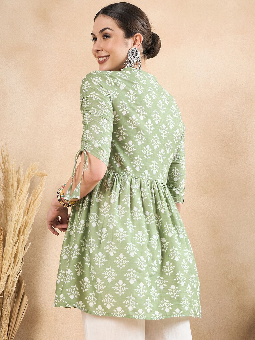 Anouk Floral Printed Ruched Pure Cotton A-Line Short Kurti