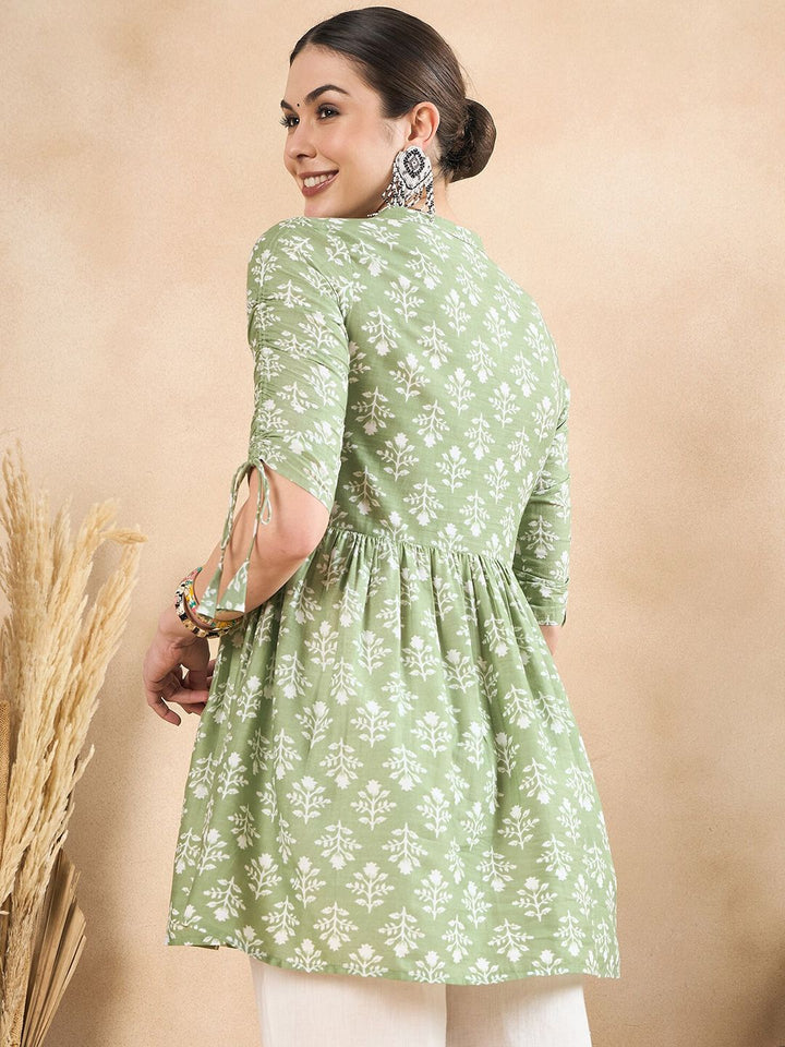 Anouk Floral Printed Ruched Pure Cotton A-Line Short Kurti
