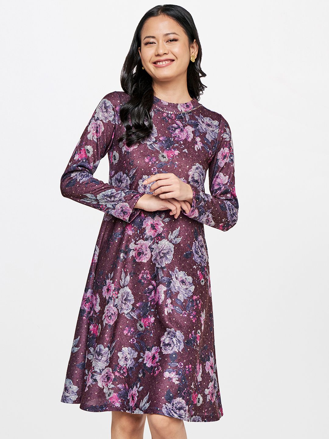 Global Desi Purple & Blue Floral Print A-line Dress