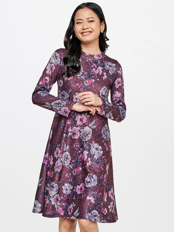 Global Desi Purple & Blue Floral Print A-Line Dress