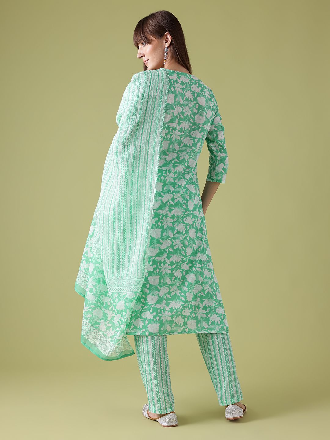 Anouk Floral Print Pure Cotton Kurta with Trousers & Dupatta
