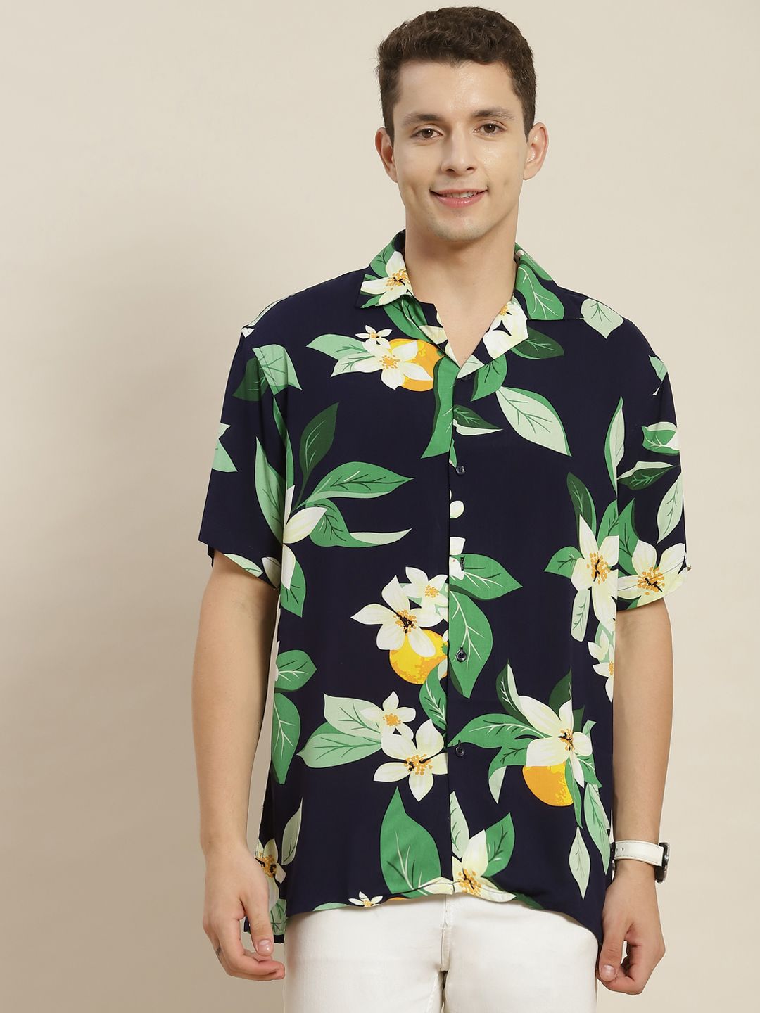 Hancock Men Navy & Green Printed Relaxed Fit Casual Resort Shirt