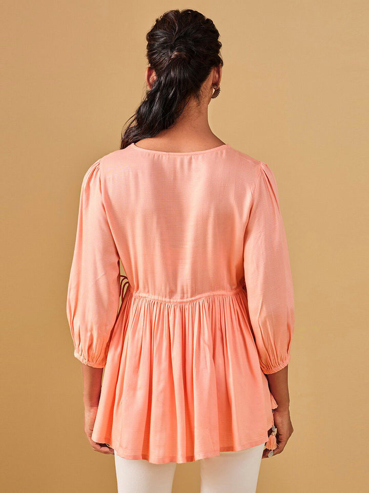 Global Desi Embroidered Puff Sleeves Gathered Top