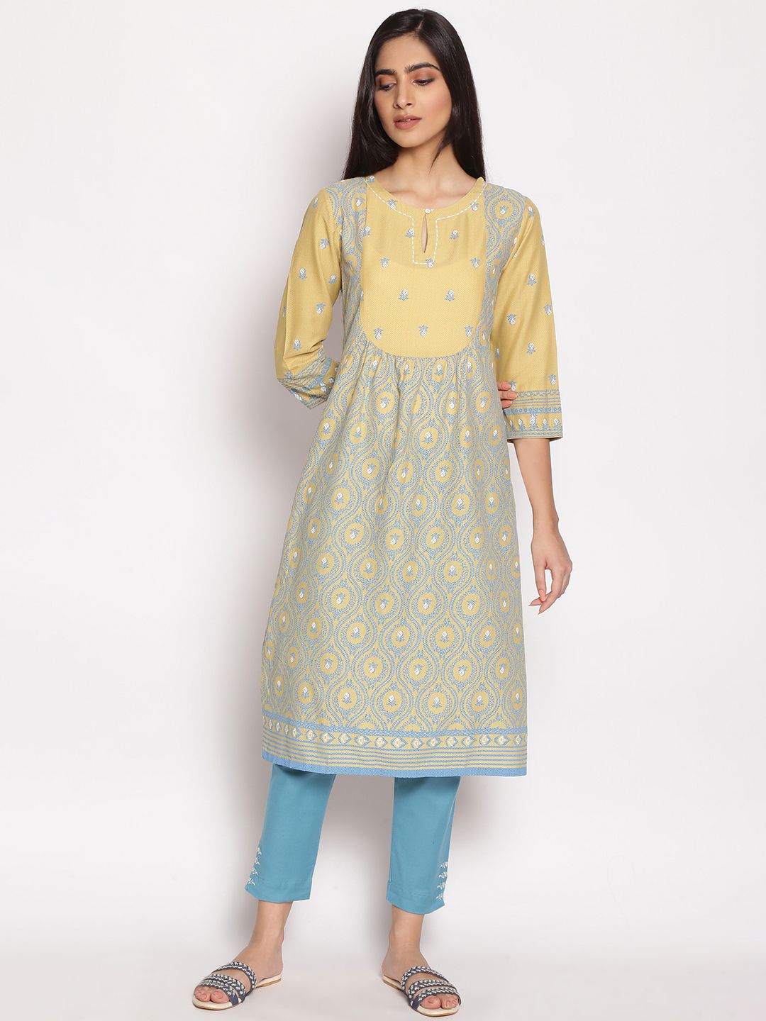 W Women Yellow & Blue Ethnic Motifs Printed Flared Sleeves Kurta