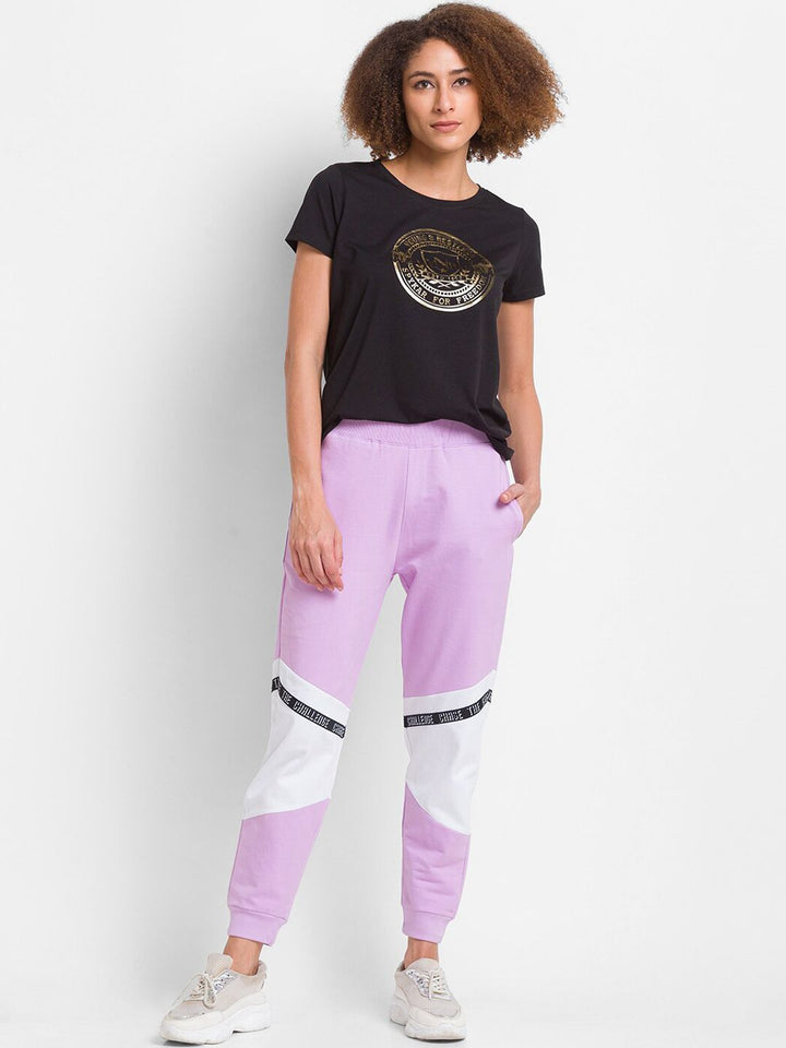 SPYKAR Women Lavender & White Color-Blocked Slim Fit Joggers
