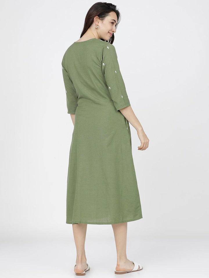 Vishudh Green Ethnic Motifs Ethnic A-Line Midi Dress