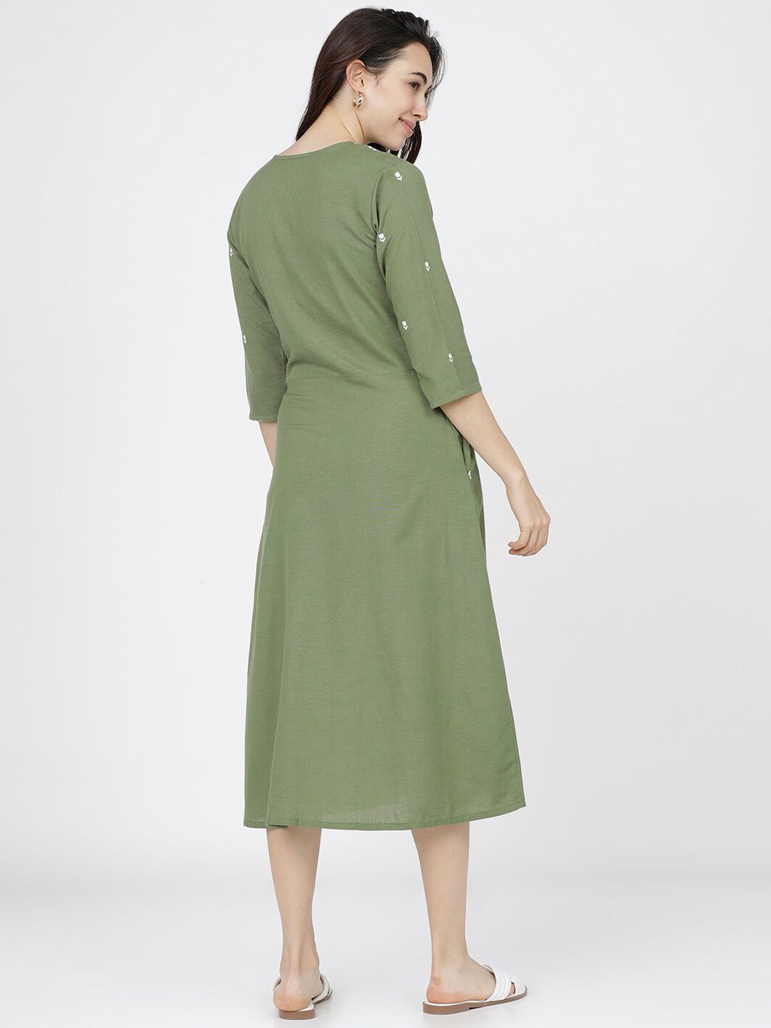 Vishudh Green Ethnic Motifs Ethnic A-Line Midi Dress