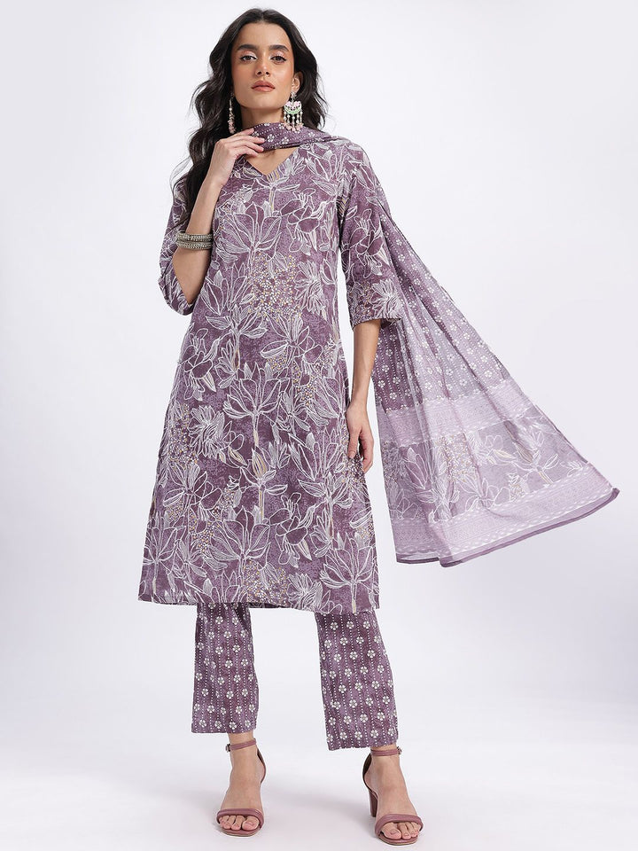 Anouk Floral Printed Pure Cotton Straight Kurta with Trousers & Dupatta