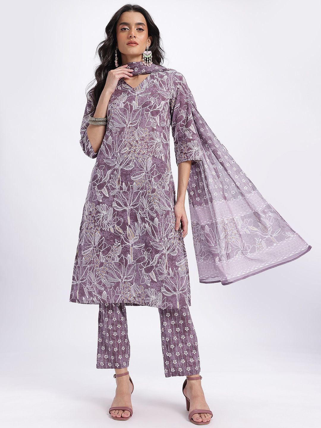 Anouk Floral Printed Pure Cotton Straight Kurta with Trousers & Dupatta