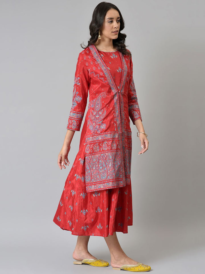 W Women Red & Blue Printed Layered Ethnic Midi Dress