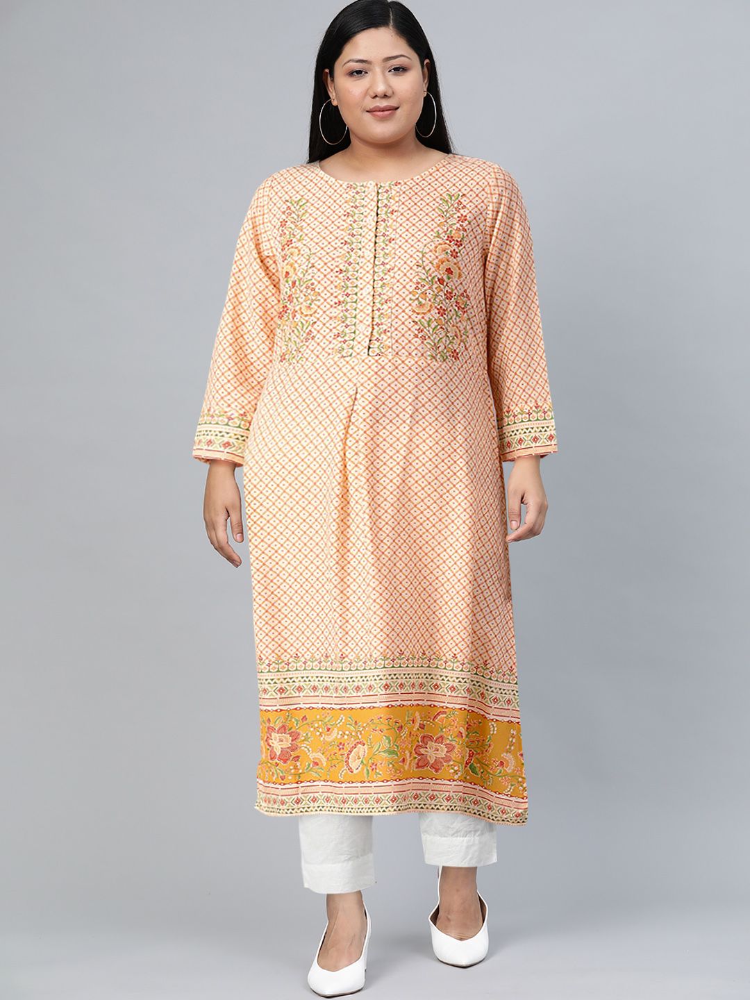 Global Desi Women Cream-Coloured & Orange Geometric Printed Kurta