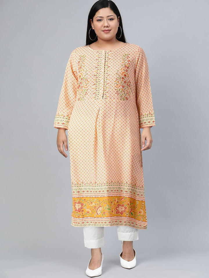 Global Desi Women Cream-Coloured & Orange Geometric Printed Kurta