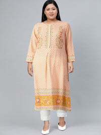 Global Desi Women Cream-Coloured & Orange Geometric Printed Kurta