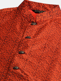 SOJANYA Men Maroon Jacquard Silk Kurta with Churidar & Nehru Jacket