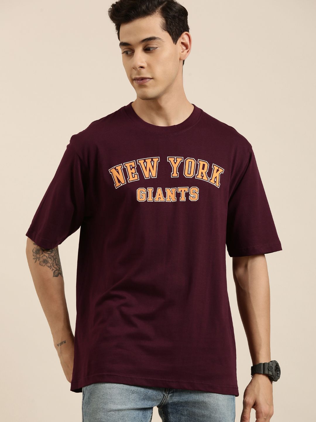DILLINGER Men Maroon Typography Printed Pure Cotton Oversized  T-shirt