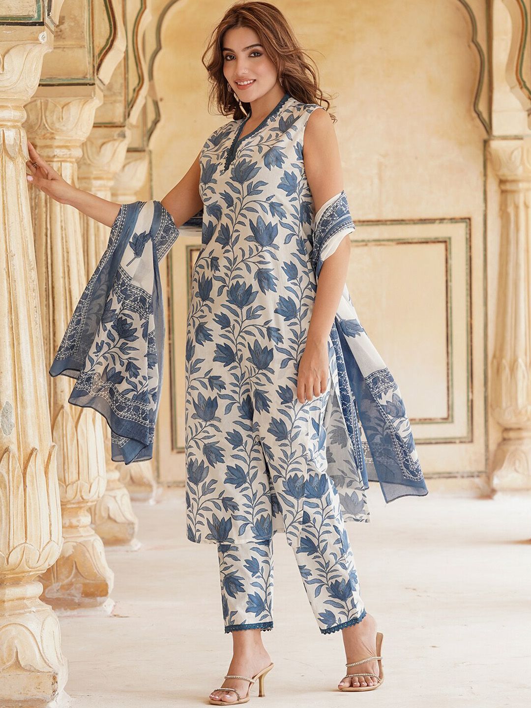 KALINI Floral Printed V-Neck Pure Cotton Straight Kurta & Trousers With Dupatta