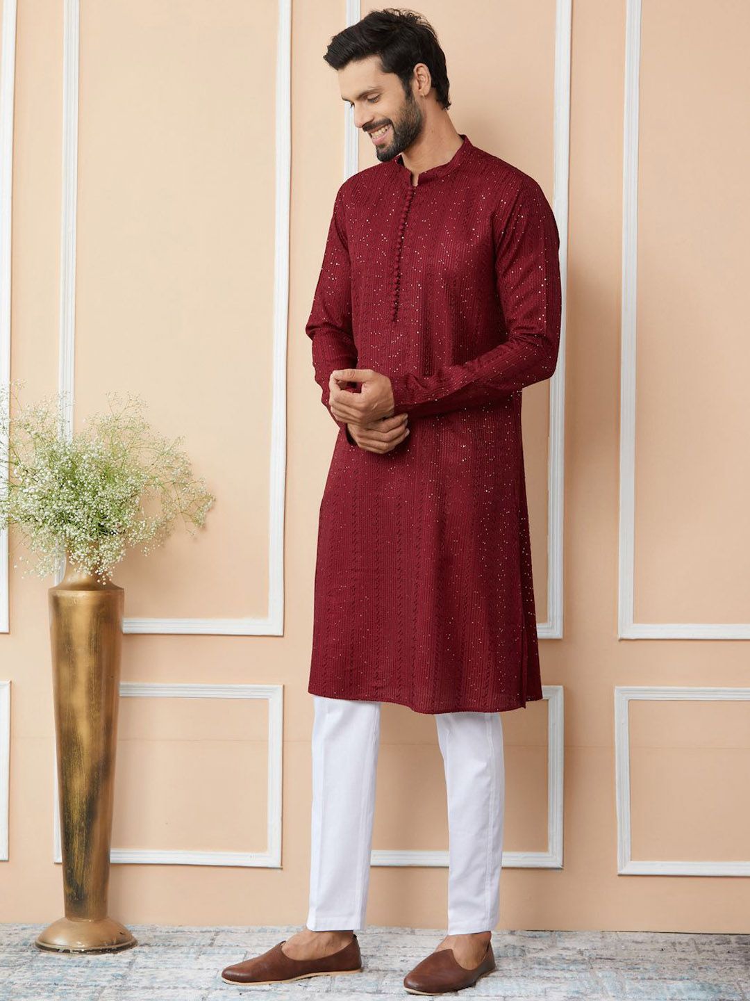 See Designs Mandarin Collar Long Sleeves Thread Work Chanderi Silk Straight Kurta