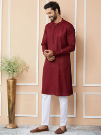 See Designs Mandarin Collar Long Sleeves Thread Work Chanderi Silk Straight Kurta