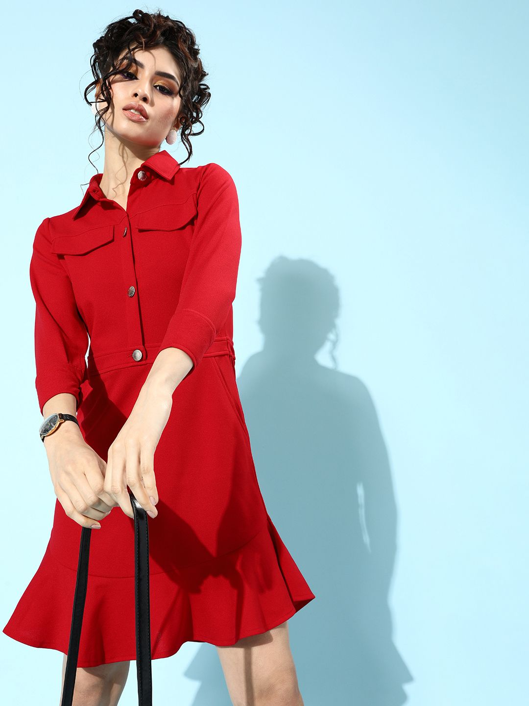 Athena Women Red Solid Collared Fit & Flare Dress