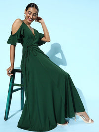 Berrylush Green Cold-Shoulder Crepe Maxi Dress