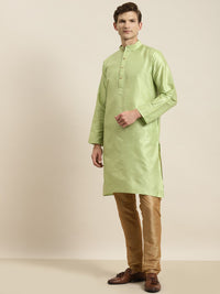 SOJANYA Men Green Striped Kurta with Churidar & Nehru Jacket