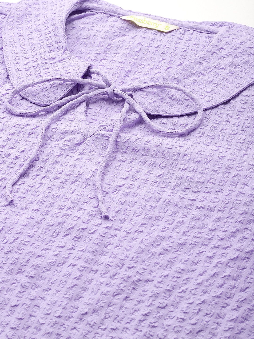 DressBerry Seersucker Tie-Up Neck Puff Sleeves Top