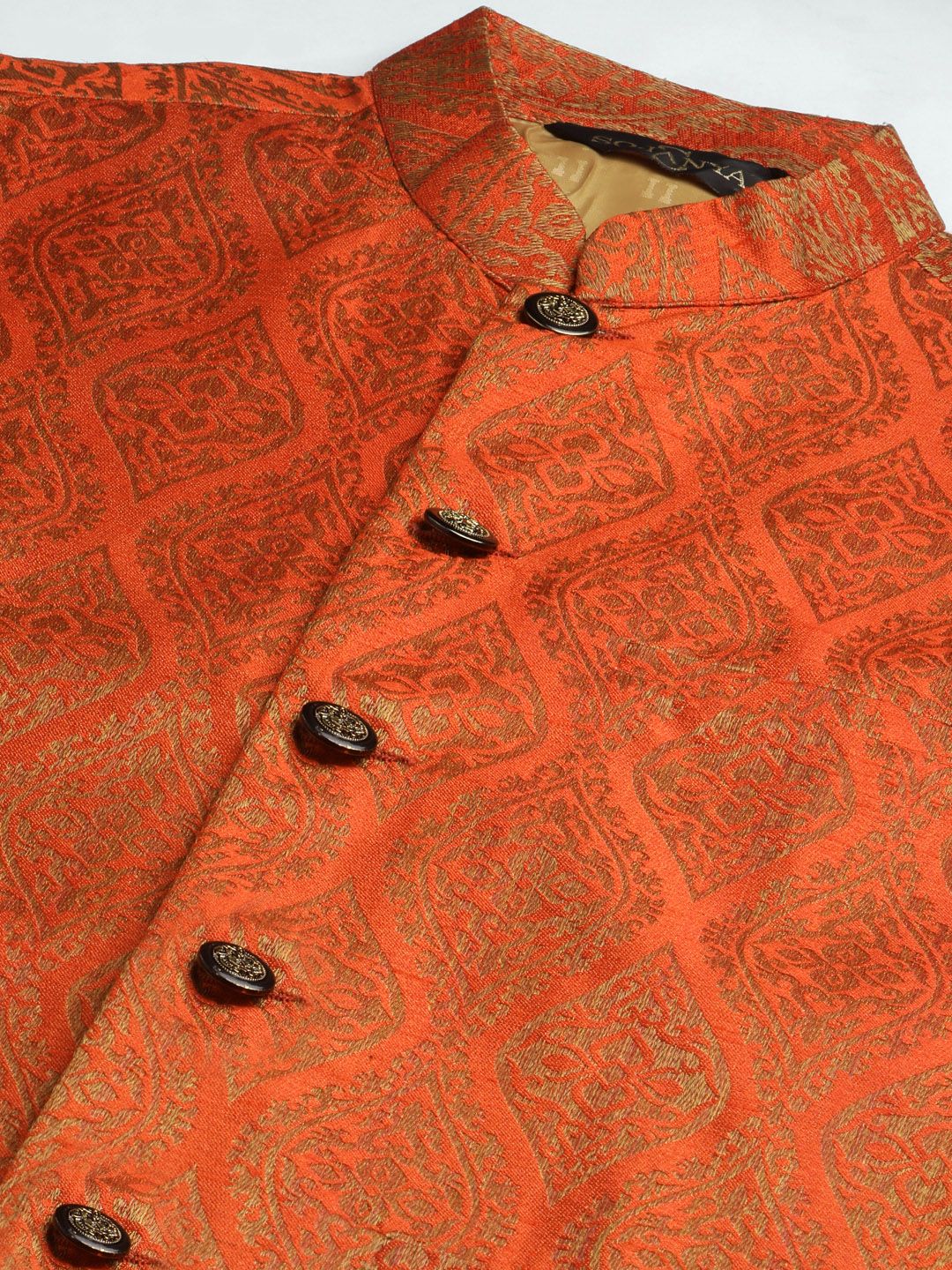 SOJANYA Kurta Motif Etnik Biru Teal & Jingga Lelaki dengan Jaket Churidar & Nehru