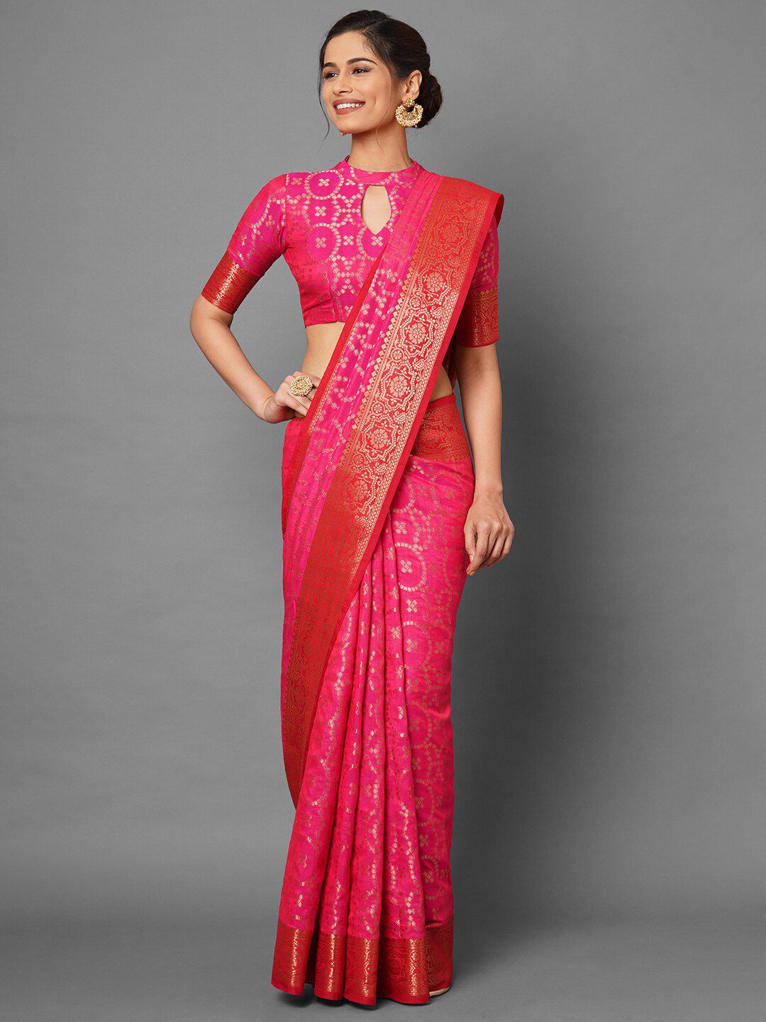Saree mall Pink & Gold-Toned Woven Design Zari Silk Blend Banarasi Sarees