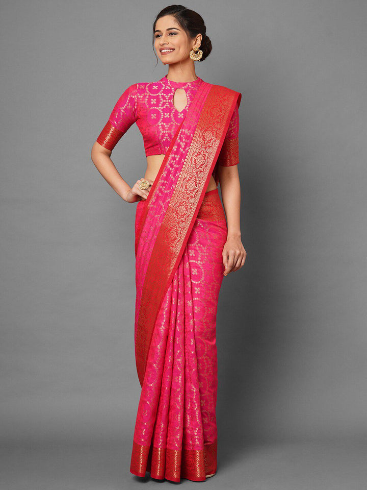 Saree mall Pink & Gold-Toned Woven Design Zari Silk Blend Banarasi Sarees