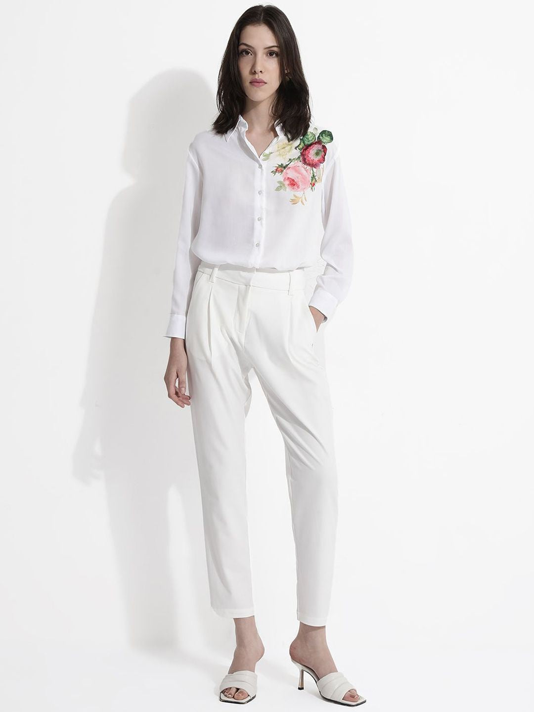 RAREISM Women Comfort Tapered Fit High-Rise Pleated Cotton Peg Formal Trousers