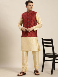 SOJANYA Men Gold-Toned Kurta with Churidar with Nehru Jacket