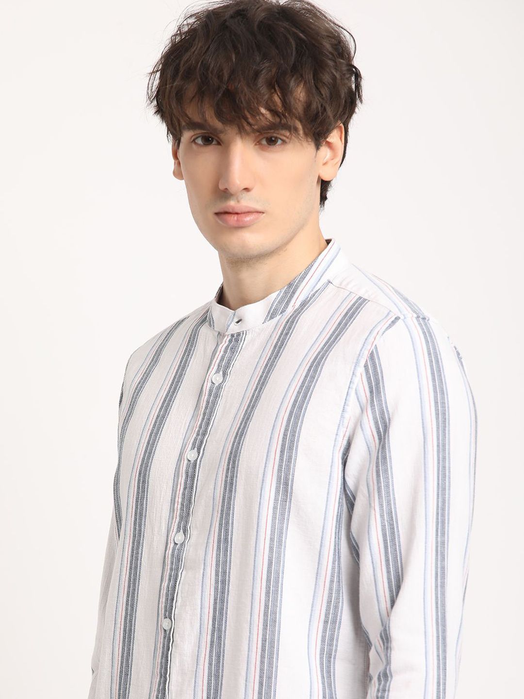 THE BEAR HOUSE Pure Cotton Striped Slim Fit Mandarin Collar Casual Shirt
