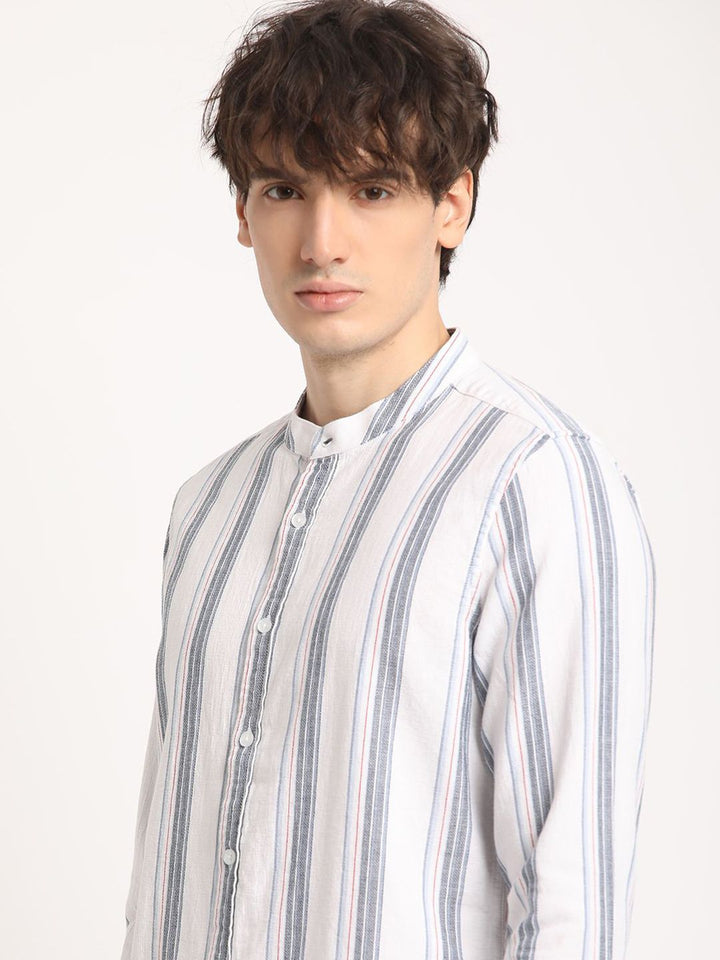 THE BEAR HOUSE Pure Cotton Striped Slim Fit Mandarin Collar Casual Shirt