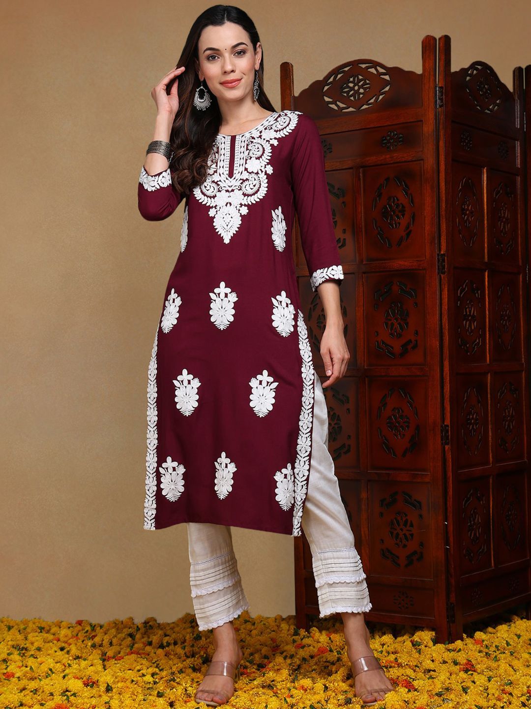KALINI Floral Embroidered Thread Work Straight Kurta