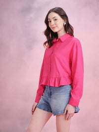 DressBerry Women Ruffled Spread Collar Casual Crop Shirt