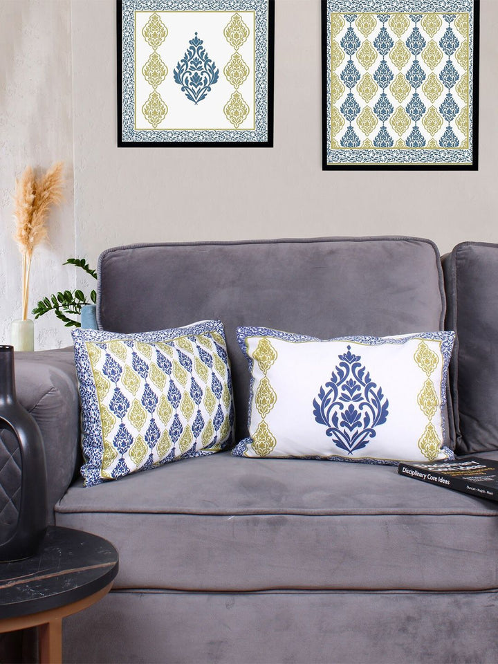STITCHNEST Blue & White 2 Pieces Ethnic Motifs Rectangle Cushion Covers