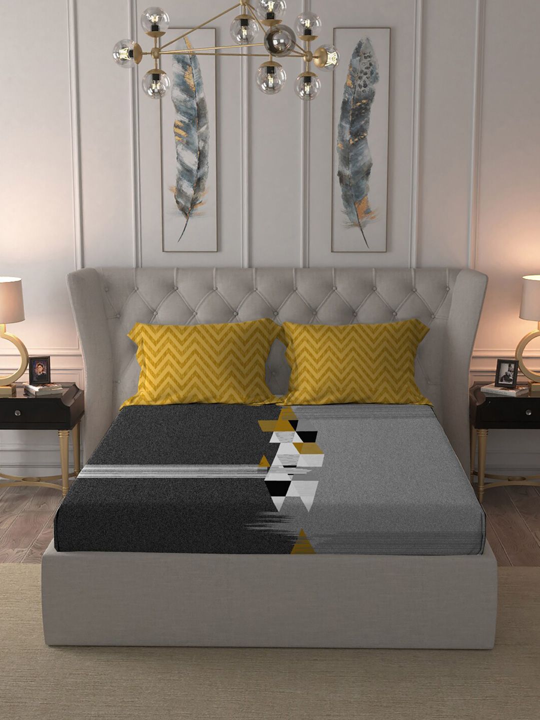 MYTRIDENT Grey Melange  White Geometric Cotton 144 TC Queen Bedsheet With 2 Pillow Covers