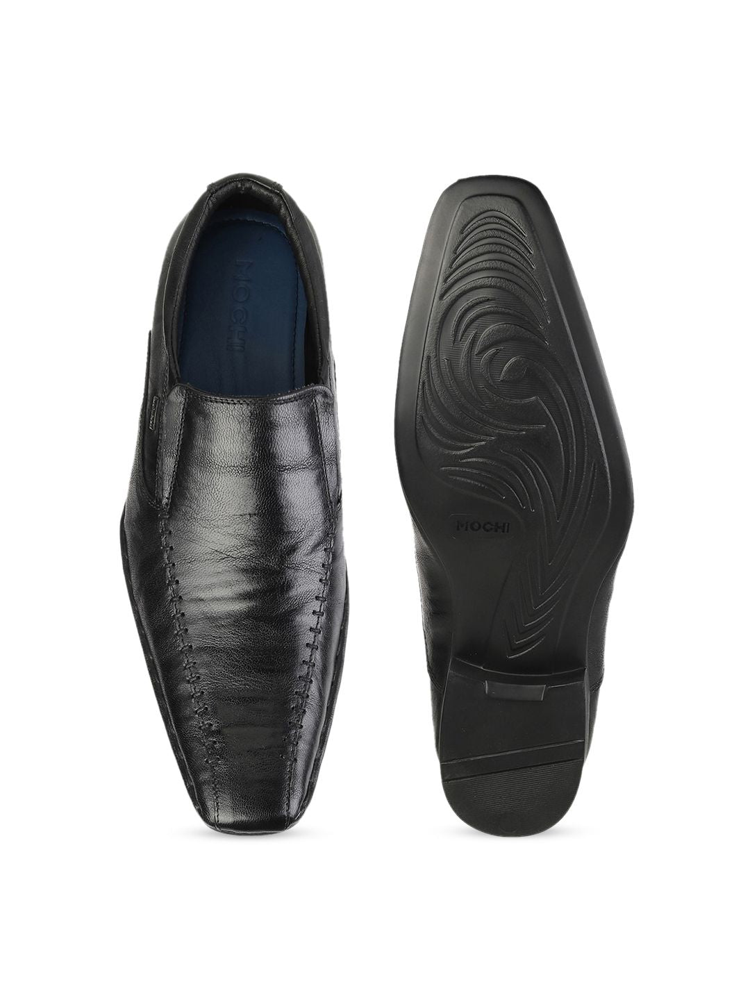 Mochi Men Black Solid Leather Formal Slip-Ons