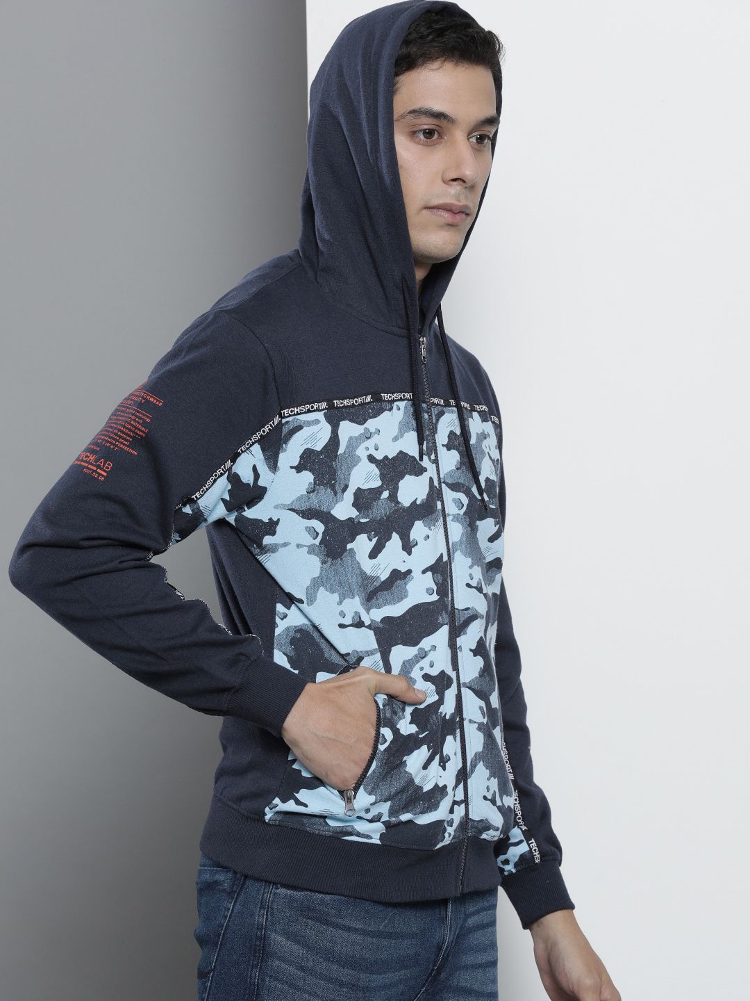 The Indian Garage Co Men Navy Blue Printed Hooded Sweatshirt