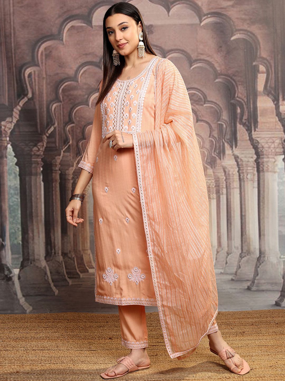 Vishudh Orange Ethnic Motifs Embroidered Thread Work Kurta with Trousers & Dupatta