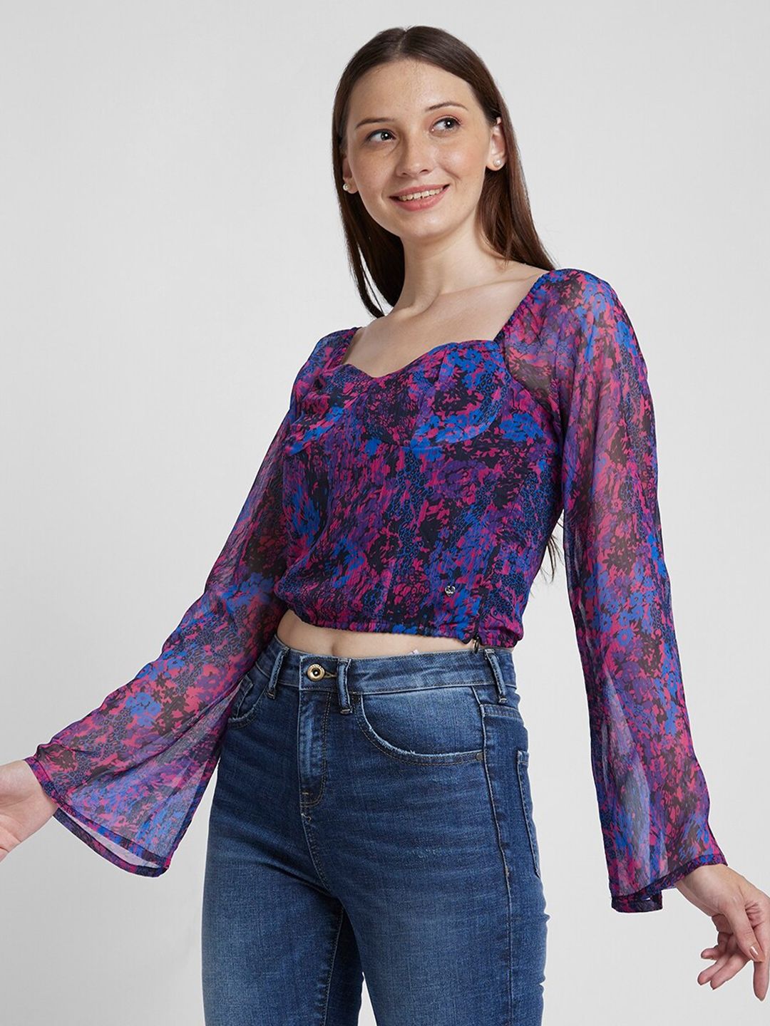 SPYKAR Abstract Printed Sweetheart Neck Bell Sleeves Cotton Crop Top