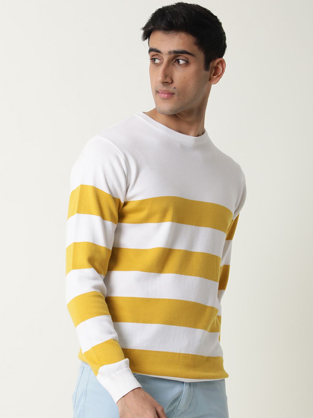 RARE RABBIT Men Marri Slim Fit White Striped Sweater