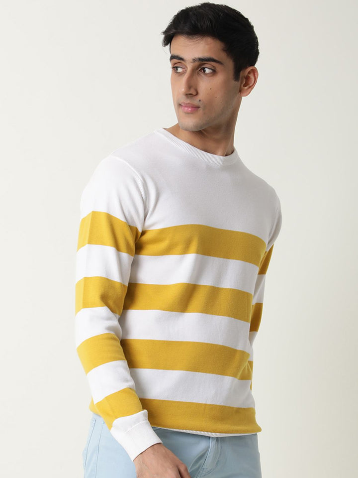 RARE RABBIT Men Marri Slim Fit White Striped Sweater
