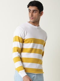 RARE RABBIT Men Marri Slim Fit White Striped Sweater