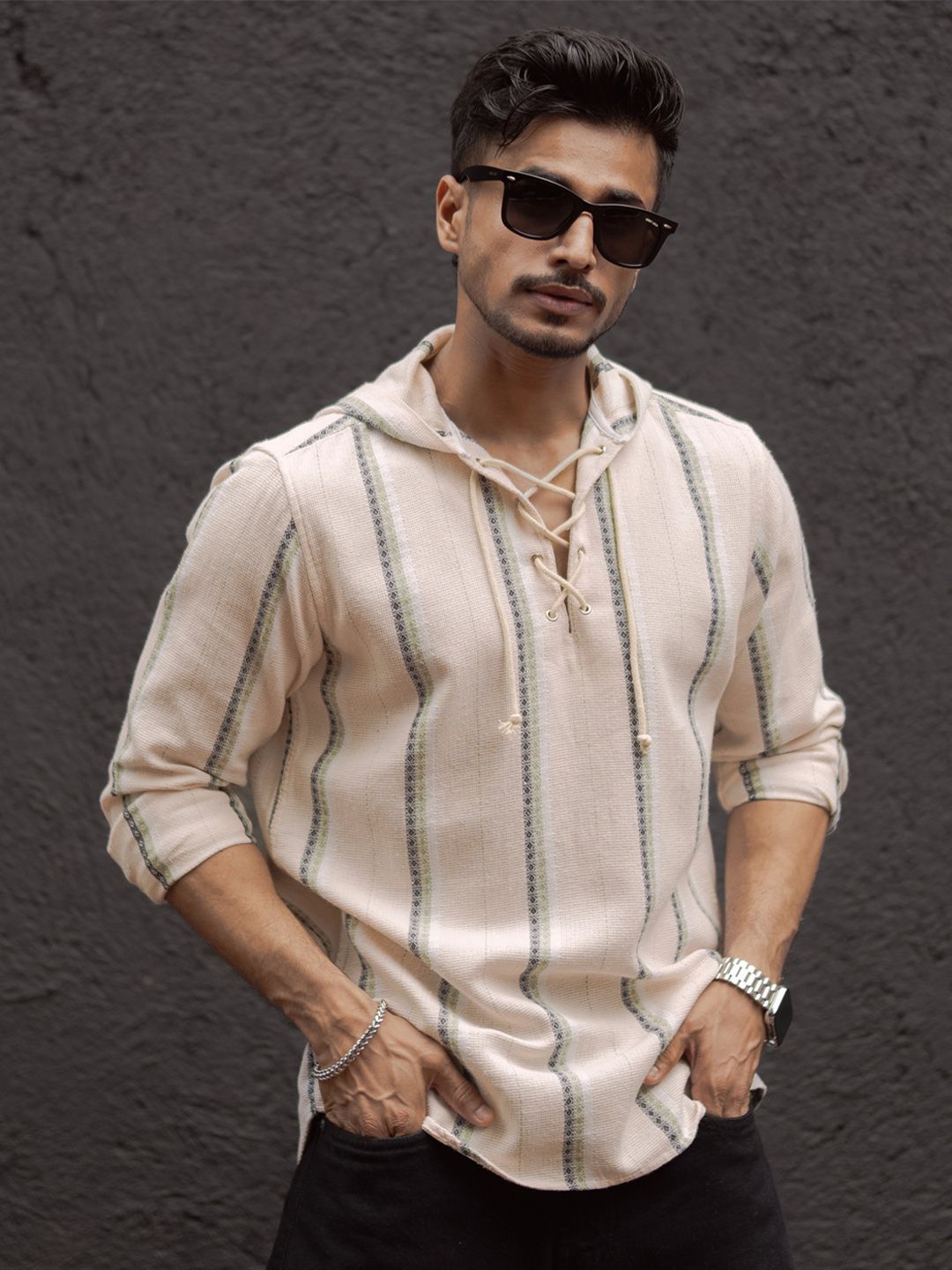 Powerlook Men Collarless Vertical Striped Pure Cotton Casual Shirt