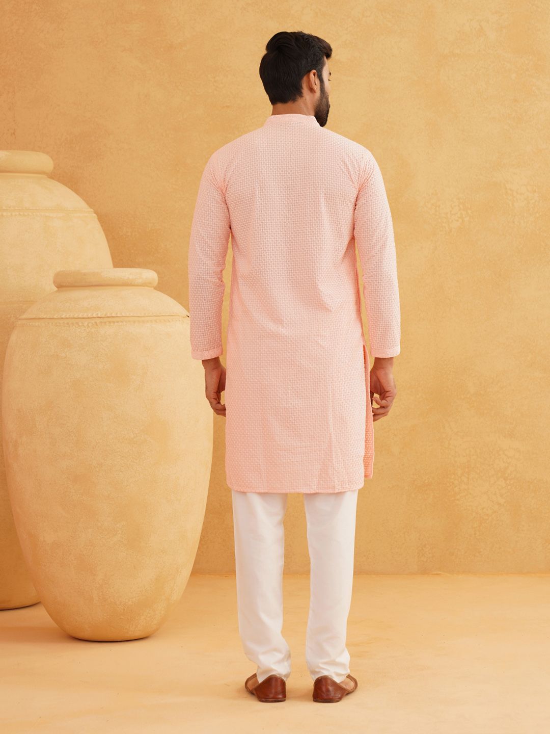 SOJANYA Checked Mandarin Collar Long Sleeves Thread Work Pure Cotton Kurta with Churidar