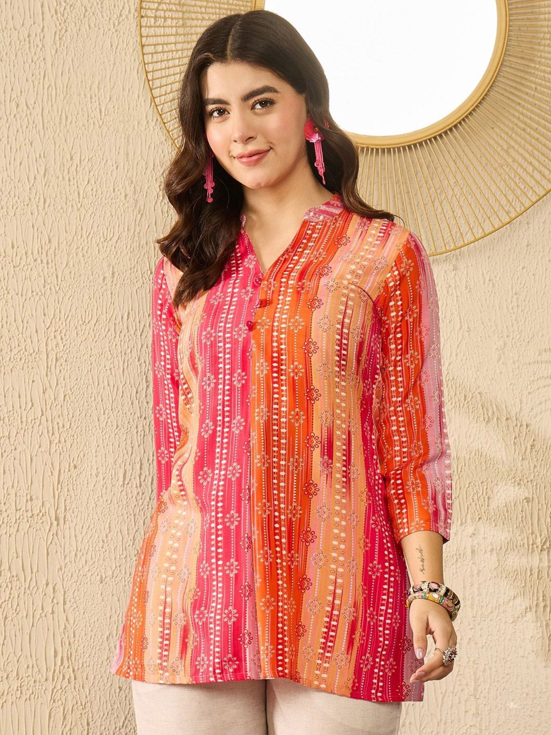 KALINI Women Floral Printed Mandarin Collar Top